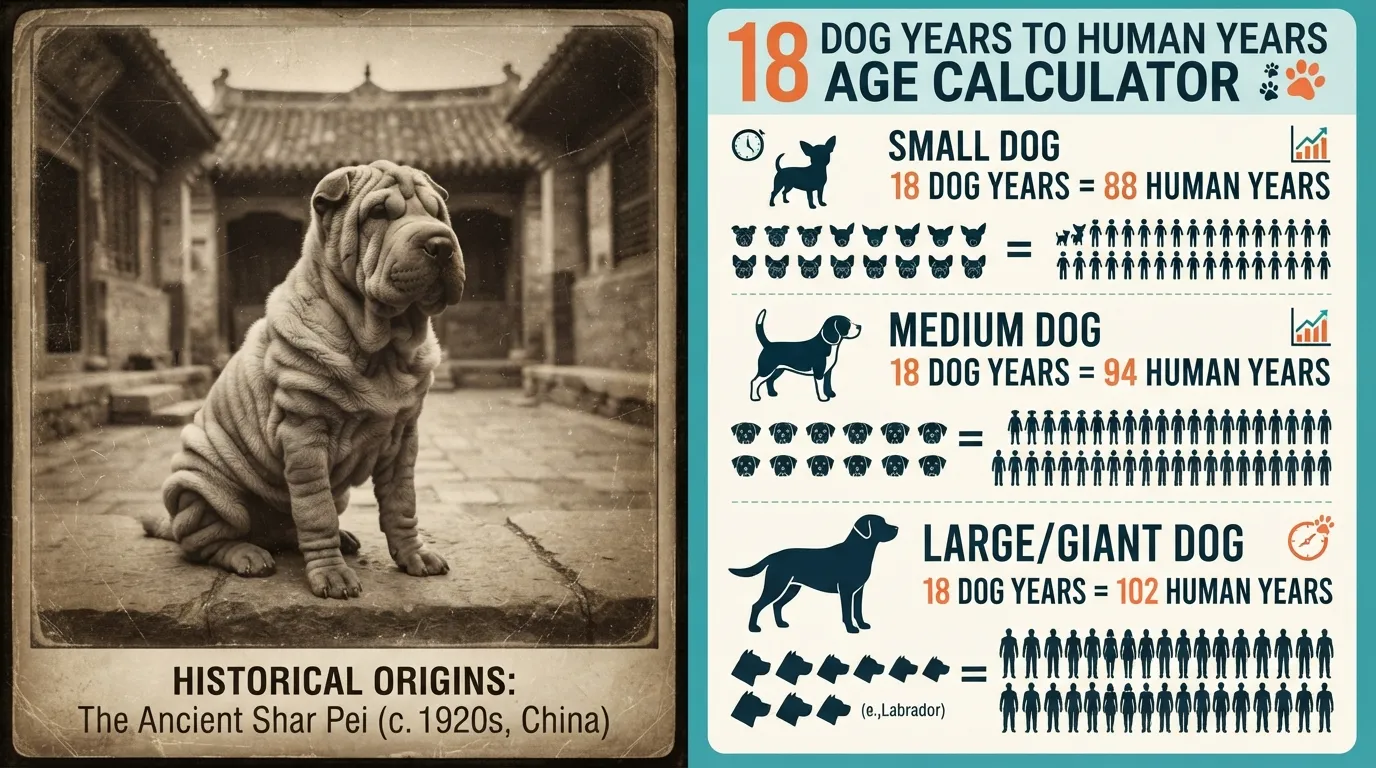 A side-by-side visual featuring a size-based age conversion chart showing exactly how old an 18-year-old dog is in human years for small, medium, and large breeds, placed next to a rare, authentic vintage photograph of a Shar Pei.