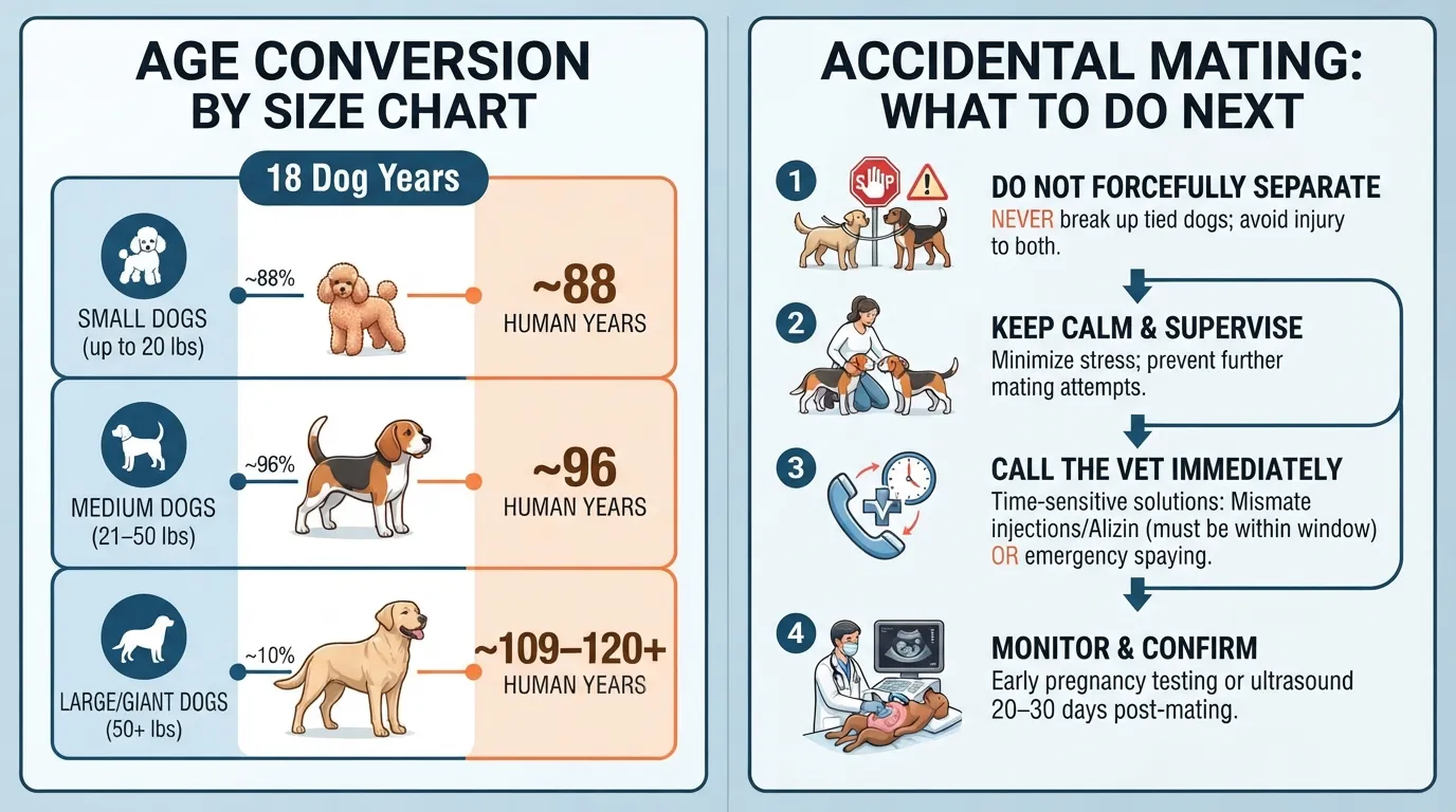 Infographic showing 18 dog years converted to human years across small, medium, and large dog sizes alongside emergency action steps for accidental dog mating.