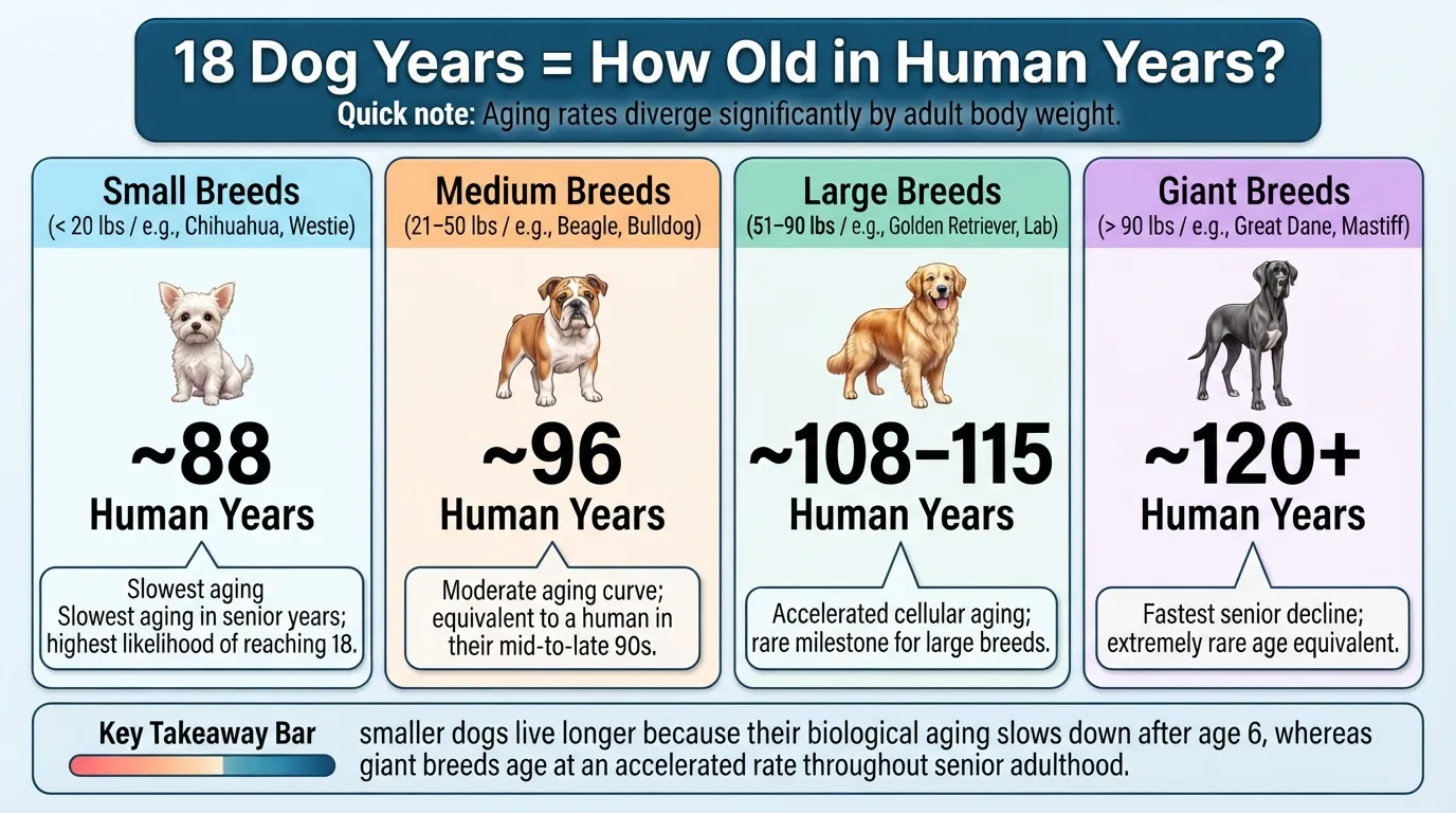 Comparison chart converting 18 dog years to human years across small, medium, large, and giant dog breed size categories.