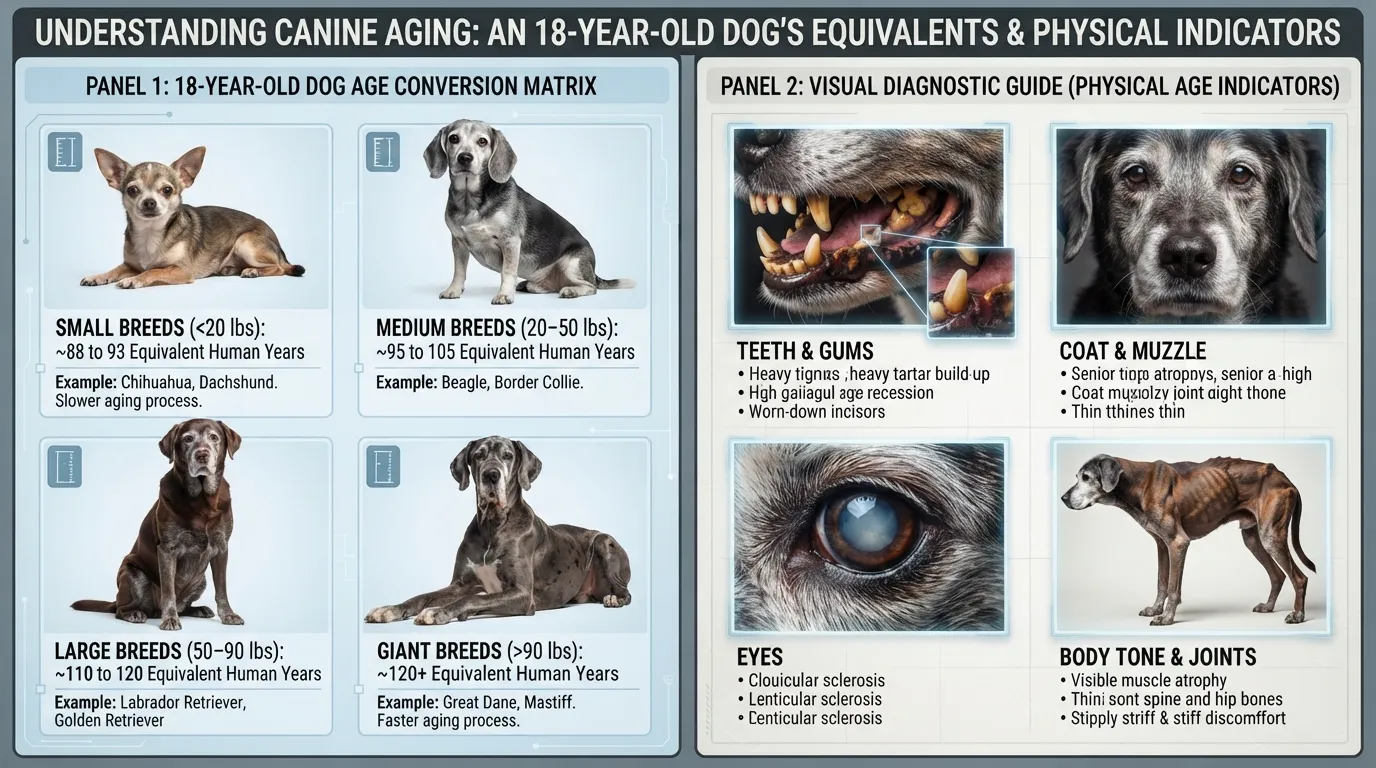 A dog age conversion chart comparing 18 dog years to human years across small, medium, large, and giant breeds, alongside visual physical indicators like dental wear, gray fur, and cloudy eyes used to estimate a dog's age without a known birth date.