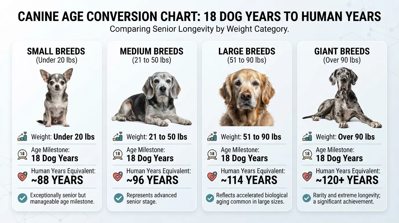 An age conversion chart showing how 18 dog years equals 88 human years for small dogs, 96 for medium dogs, and 114+ for large and giant breeds.