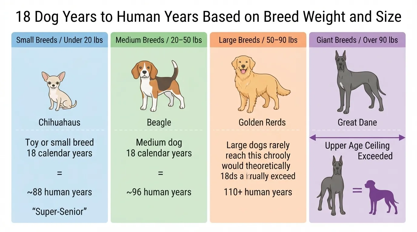 An educational infographic chart from dogagescalculator showing how 18 dog years translate to human years for small, medium, large, and giant dog breeds, featuring illustrations of a Chihuahua, Beagle, Golden Retriever, and Great Dane.