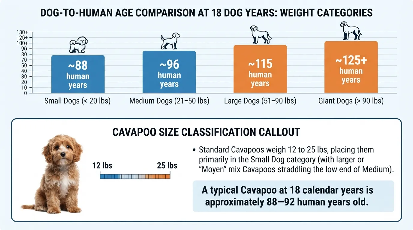 Comparison chart showing 18 dog years in human years for small, medium, large, and giant dog breeds, highlighting where a Cavapoo fits by size.