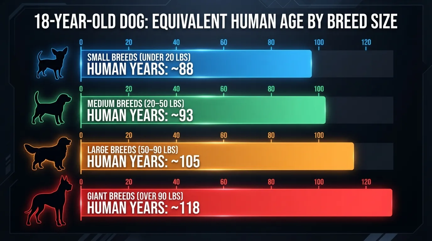 A dog age comparison chart showing how 18 dog years equals roughly 88 to 118 human years depending on small, medium, large, and giant dog breed sizes.