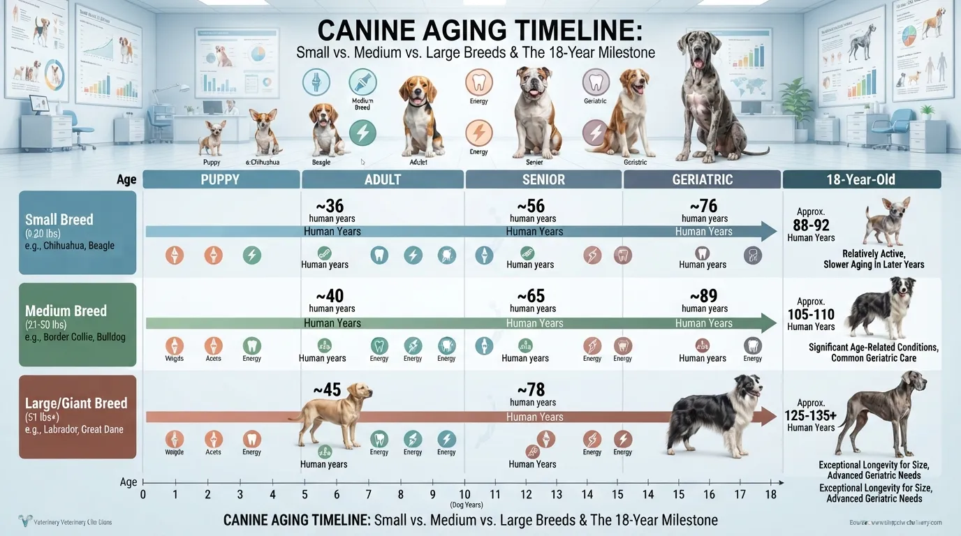 Comprehensive dog age conversion chart showing how 18 dog years translate to human years broken down by small, medium, and large dog sizes.