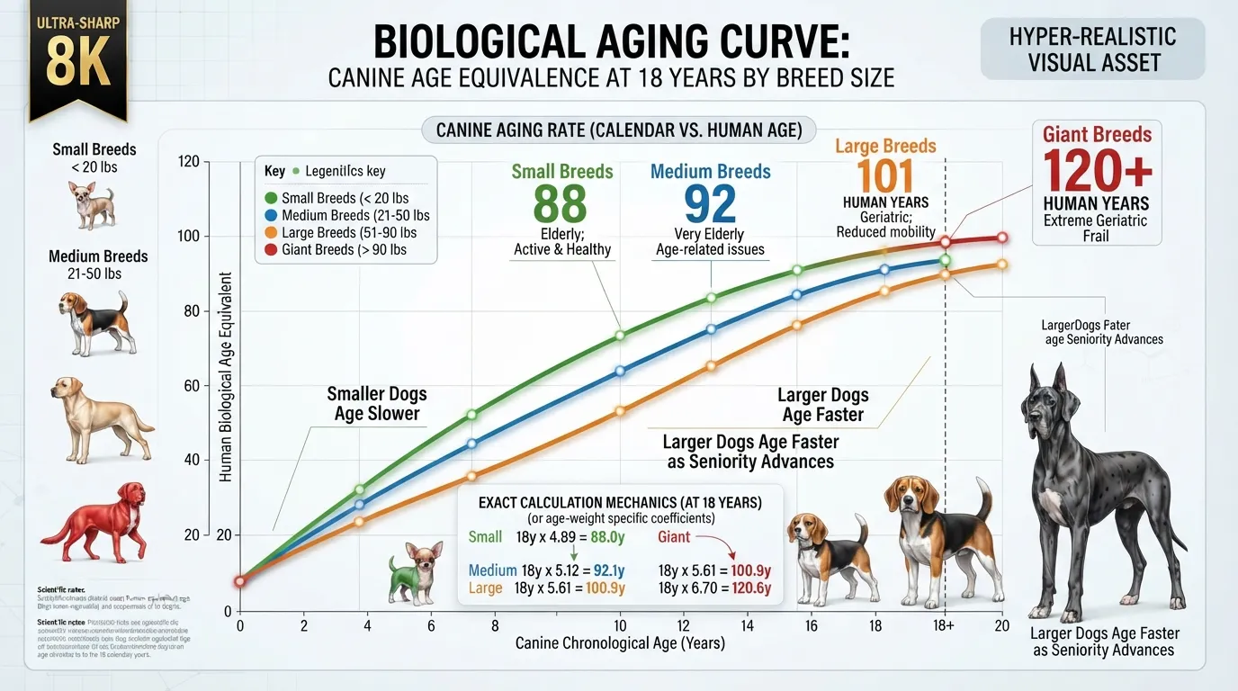 Infographic chart comparing 18 dog years to human years broken down by small, medium, and large dog sizes.