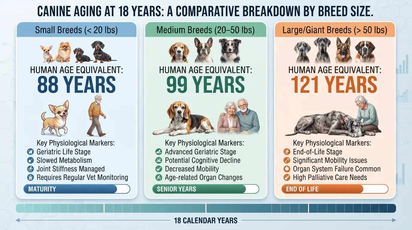 Comprehensive size-based conversion chart illustrating how 18 dog years translate into human years for small, medium, and large dog breeds.