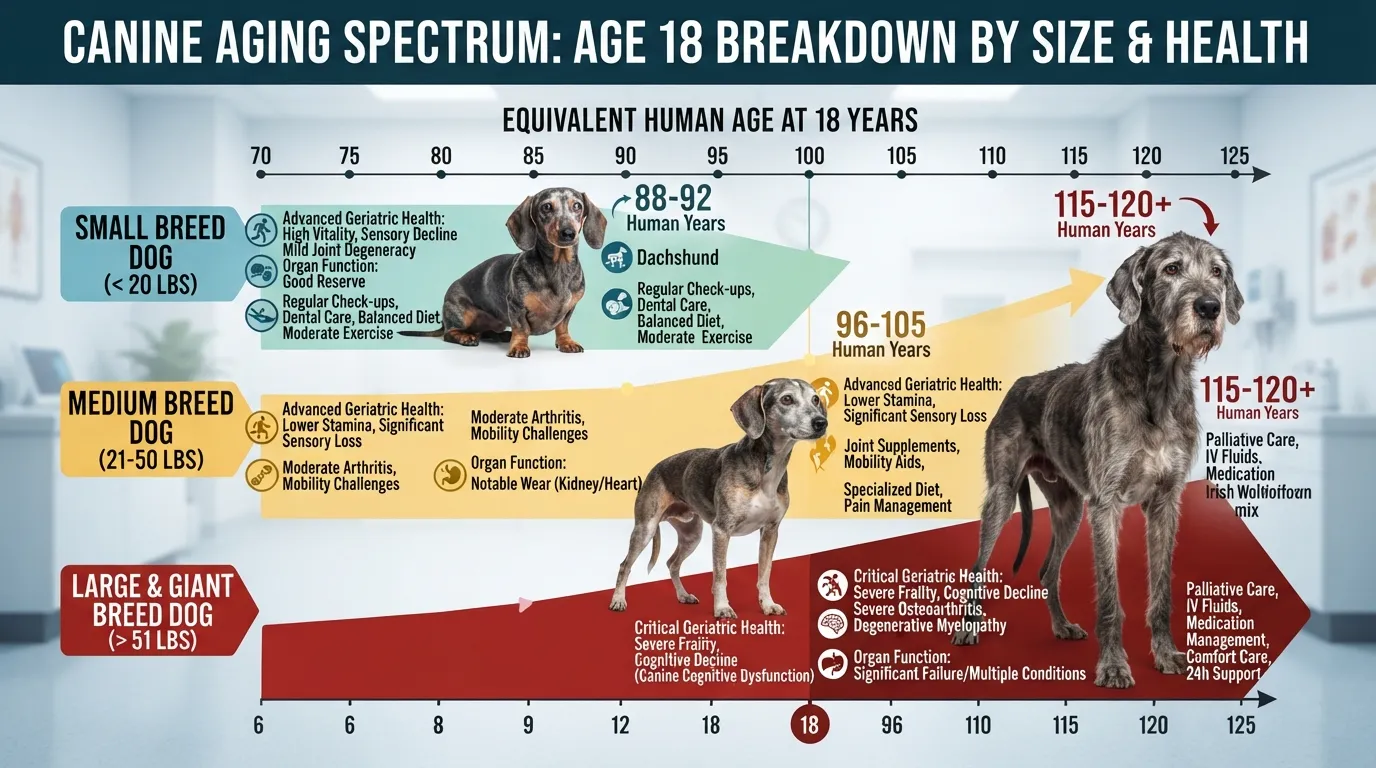 Infographic chart comparing 18 dog years to human years categorized by small, medium, and large dog sizes to illustrate canine aging and health impact.