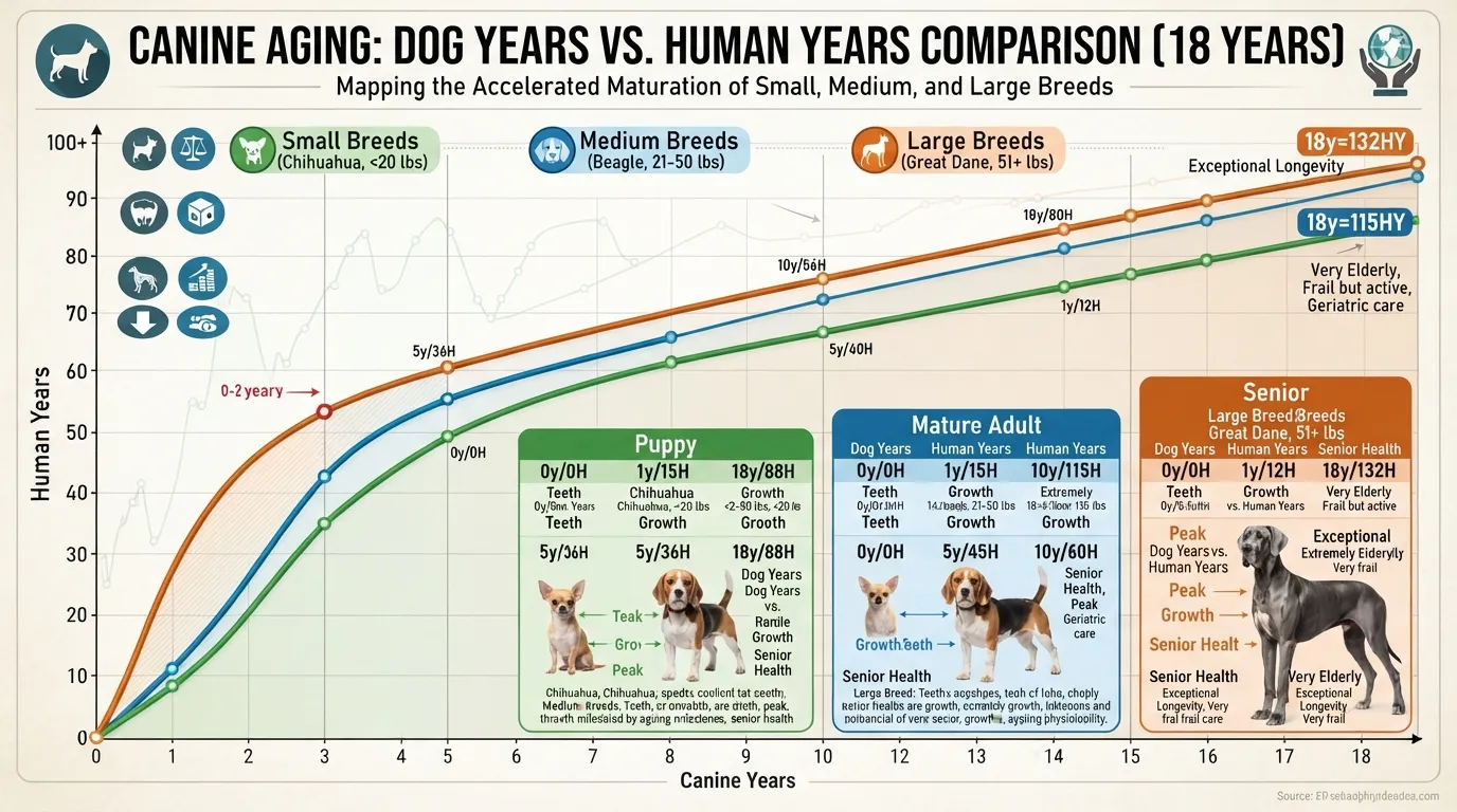 Infographic chart comparing 18 dog years to human years categorized by small, medium, and large dog sizes.