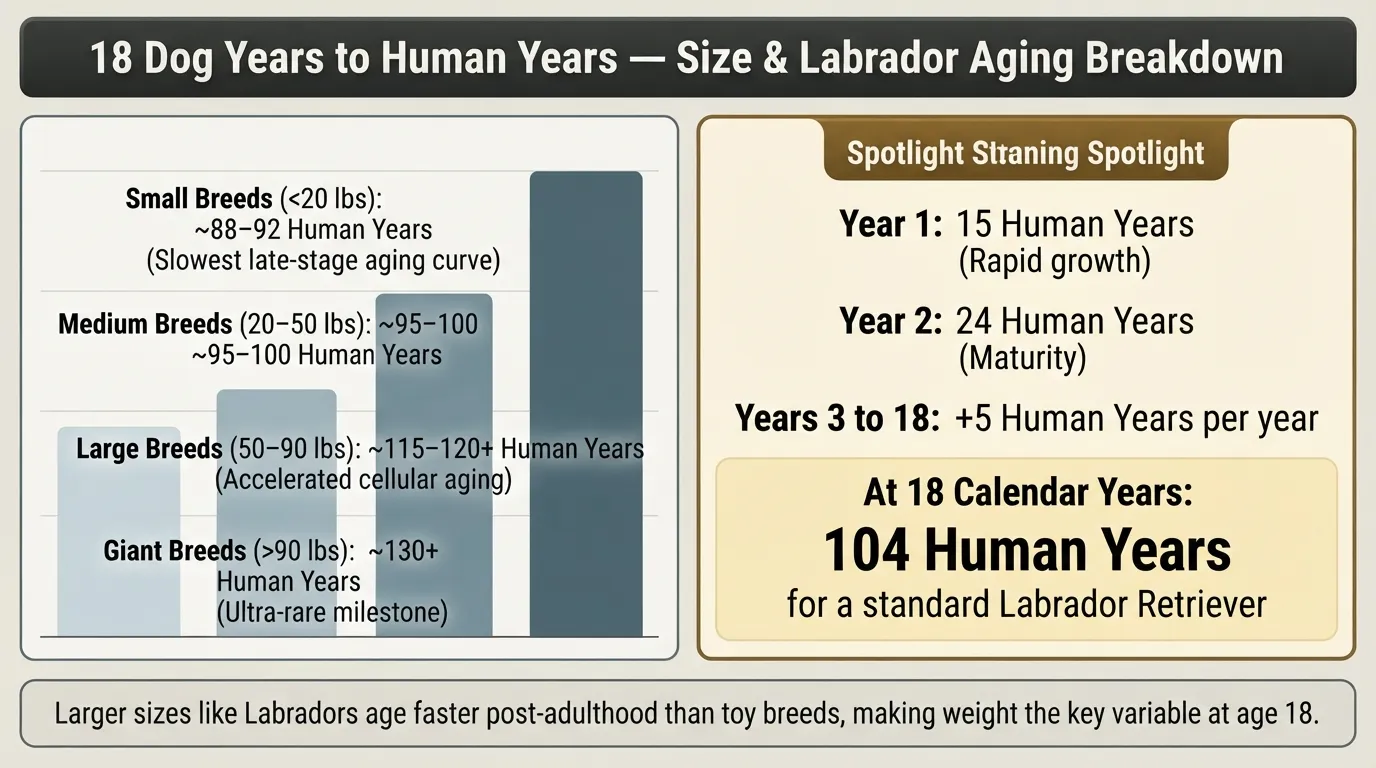 Infographic chart comparing 18 dog years to human years categorized by small, medium, and large dog sizes.