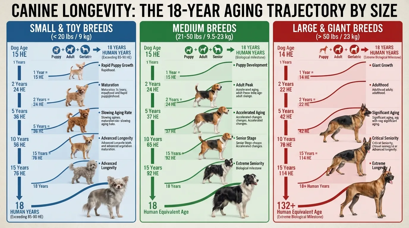 Infographic chart comparing 18 dog years to human years across small, medium, and large dog breeds to show aging differences.