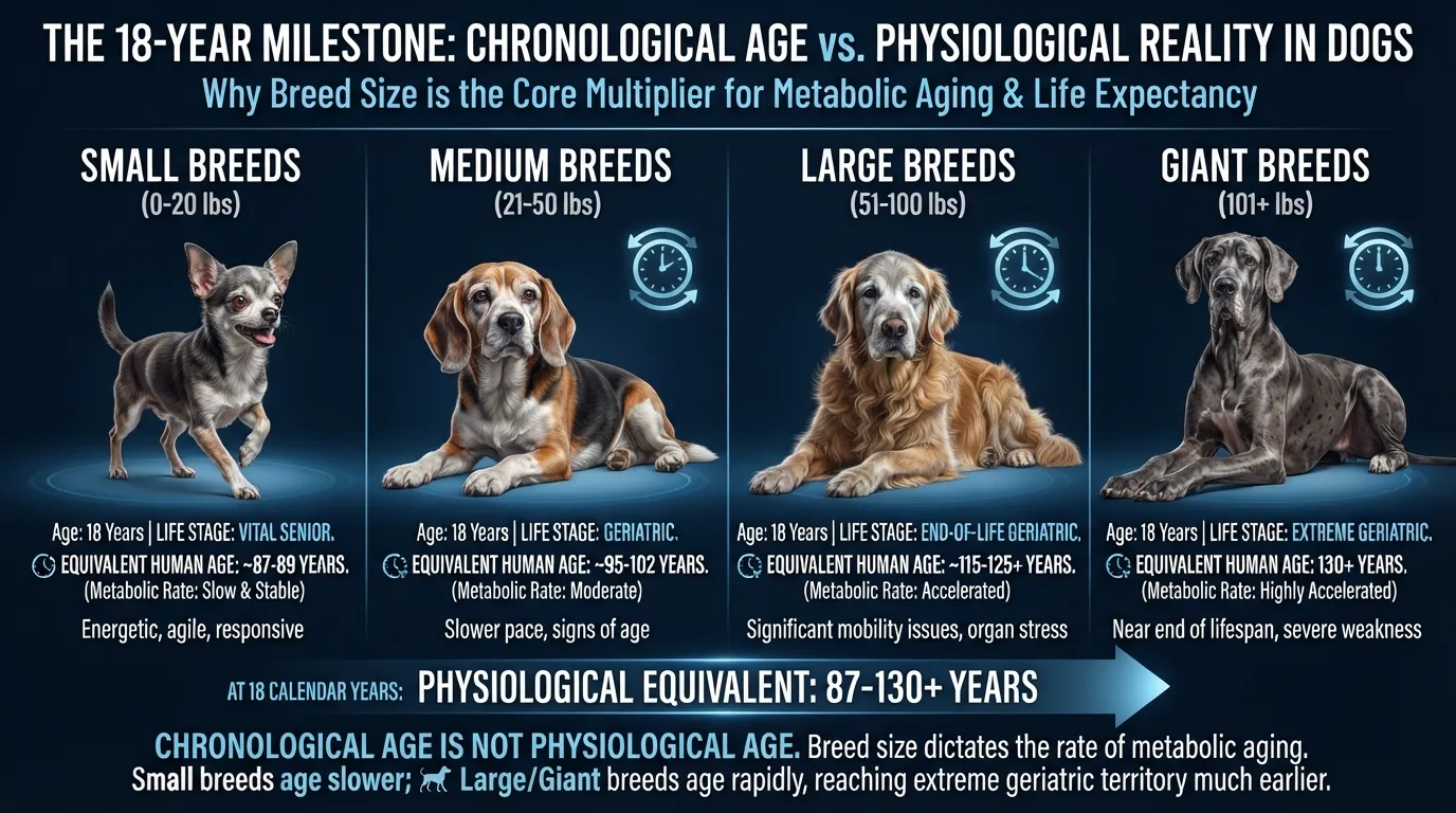 Infographic chart comparing 18 dog years to human years across small, medium, and large dog breeds, showing how dog aging varies by size.