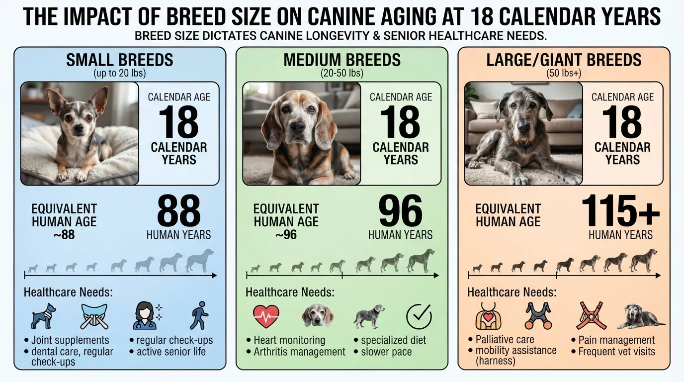 An infographic chart comparing dog years to human years for an 18-year-old dog, broken down by small, medium, and large dog size categories.