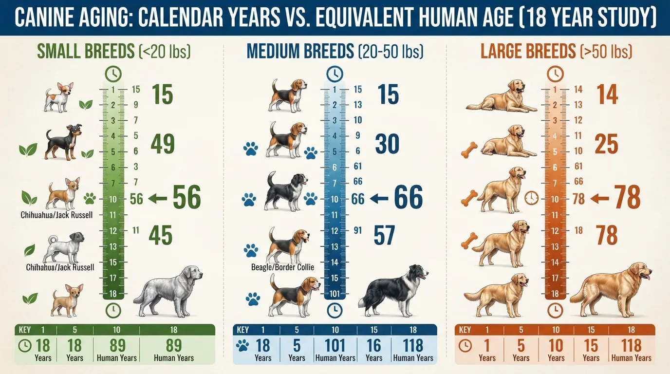 An infographic chart comparing 18 dog years to human years categorized by small, medium, and large dog sizes.
