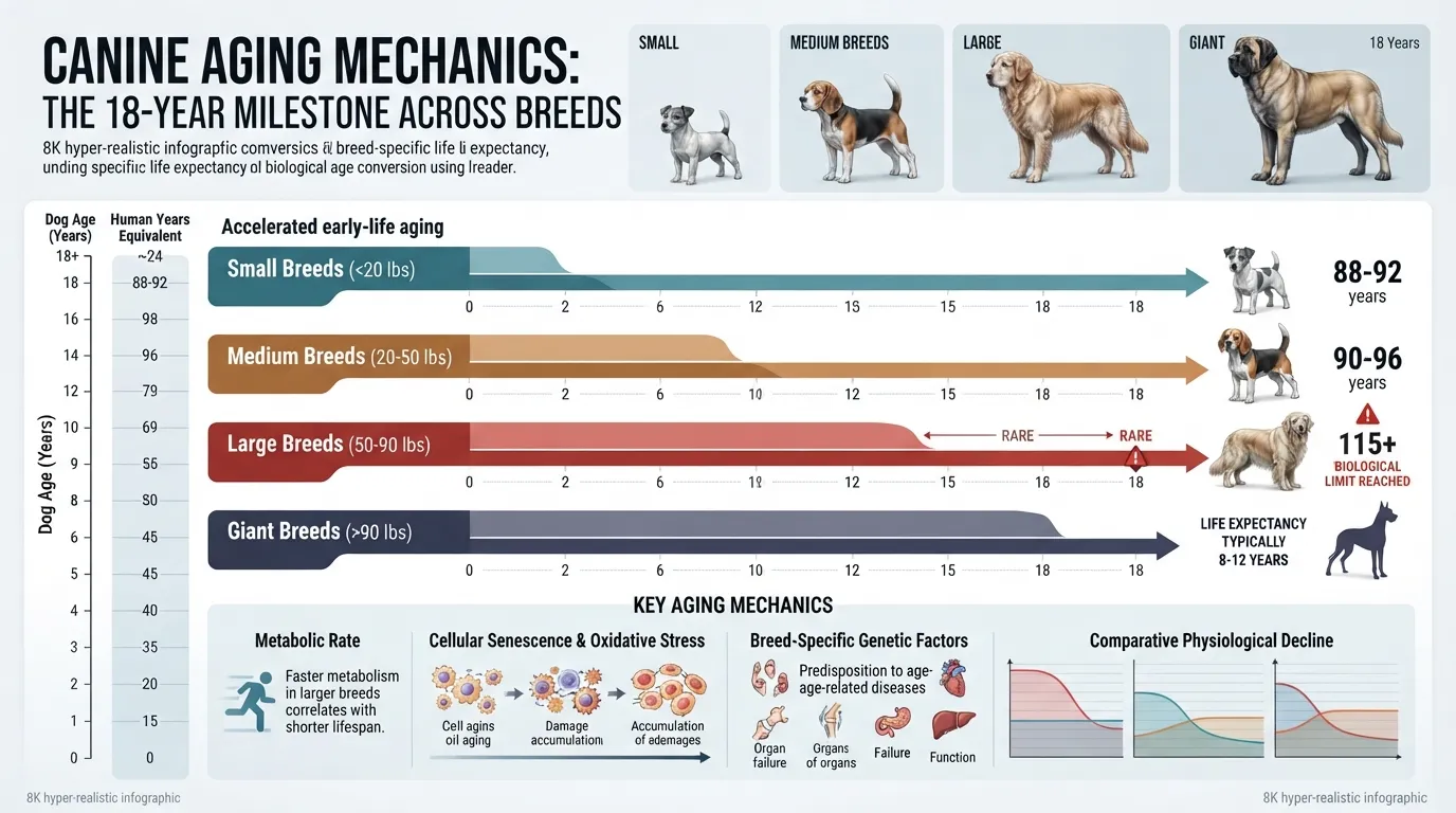 A comprehensive age comparison chart illustrating how an 18-year-old dog's age translates into human years categorized by small, medium, and large dog breeds.