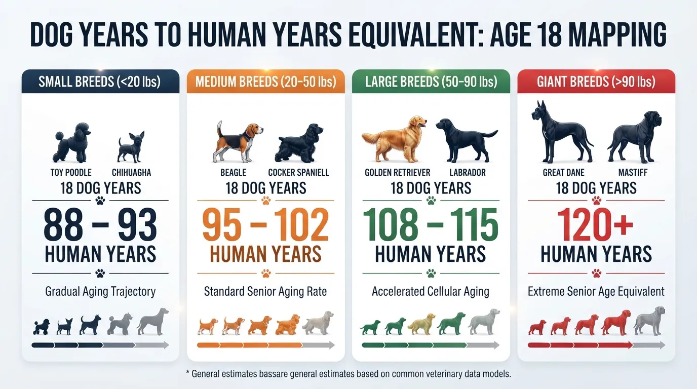 Dog age comparison chart showing how an 18-year-old dog converts to human years across small, medium, large, and giant breed sizes.