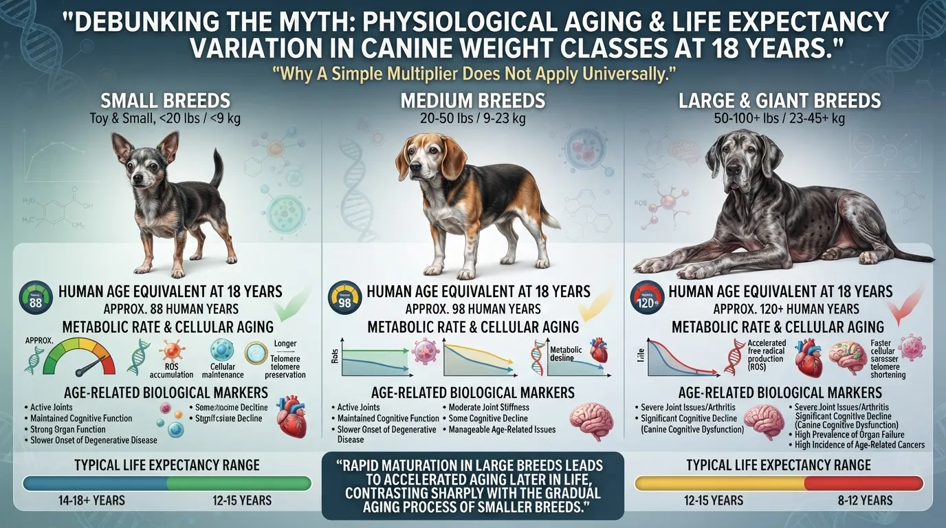 Infographic comparing 18 dog years to human years across small, medium, and large dog sizes, debunking the myth that the age conversion is a flat 28 years.