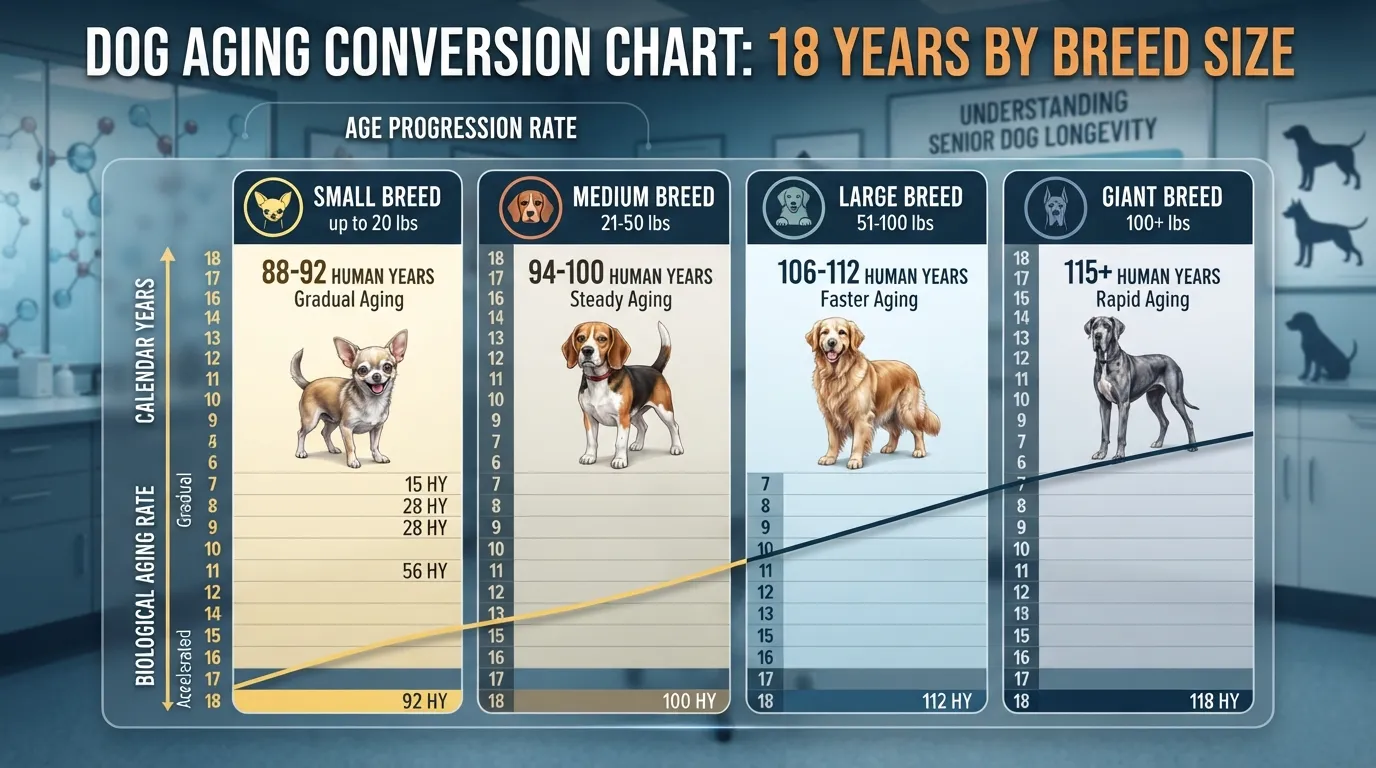 Comprehensive dog age chart comparing 18 dog years to human years across small, medium, and large dog breeds.