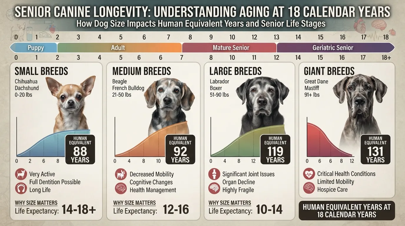 An informative chart illustrating how an 18-year-old dog's age translates into human years categorized by small, medium, and large dog sizes.