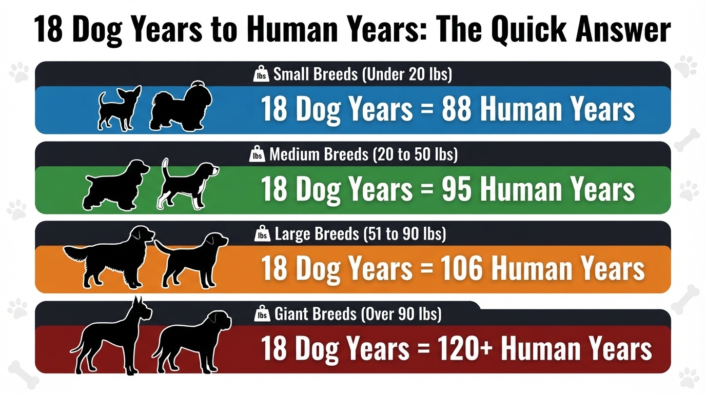 A helpful infographic chart calculating 18 dog years to human years based on breed size: Small Breeds equal 88 human years, Medium Breeds equal 95, Large Breeds equal 106, and Giant Breeds equal 120+ human years.