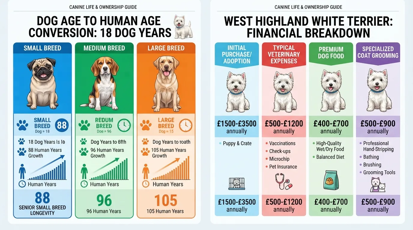 Infographic showing 18 dog years converted to human years by size alongside a price breakdown and cost guide for a West Highland White Terrier.