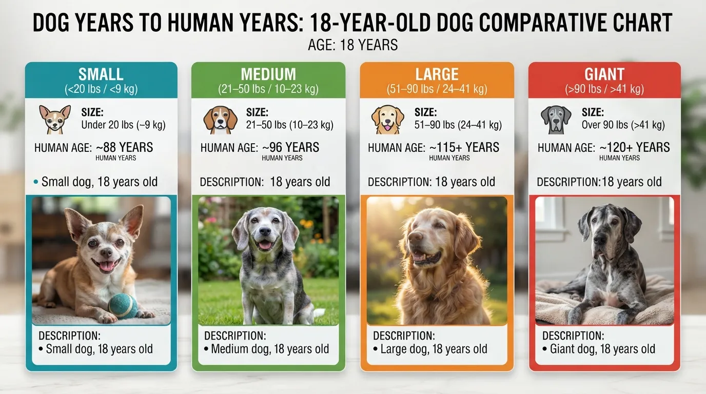 Comparison chart showing how 18 dog years converts to human years across small, medium, large, and giant dog breed categories.