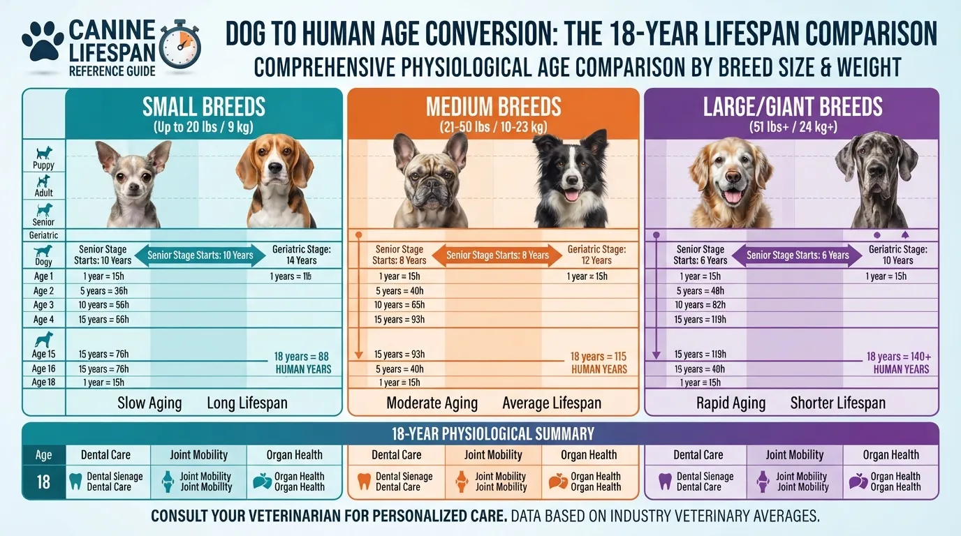 A detailed comparison chart showing how 18 dog years convert to human years categorized by small, medium, and large dog sizes.