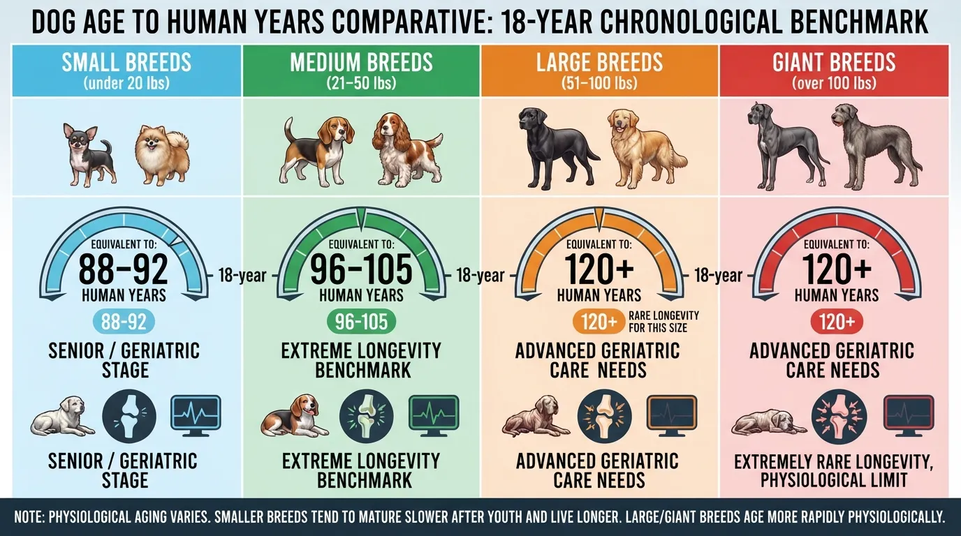 Comprehensive dog age chart showing how an 18-year-old dog's age translates into human years across small, medium, and large dog breeds.