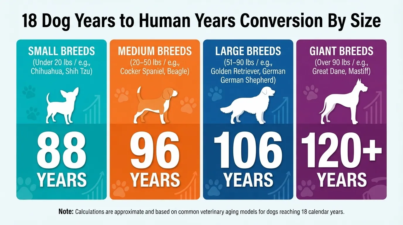An infographic illustrating the conversion of 18 dog years to human years based on dog sizes: Small (88 years), Medium (96 years), Large (106 years), and Giant (120+ years).