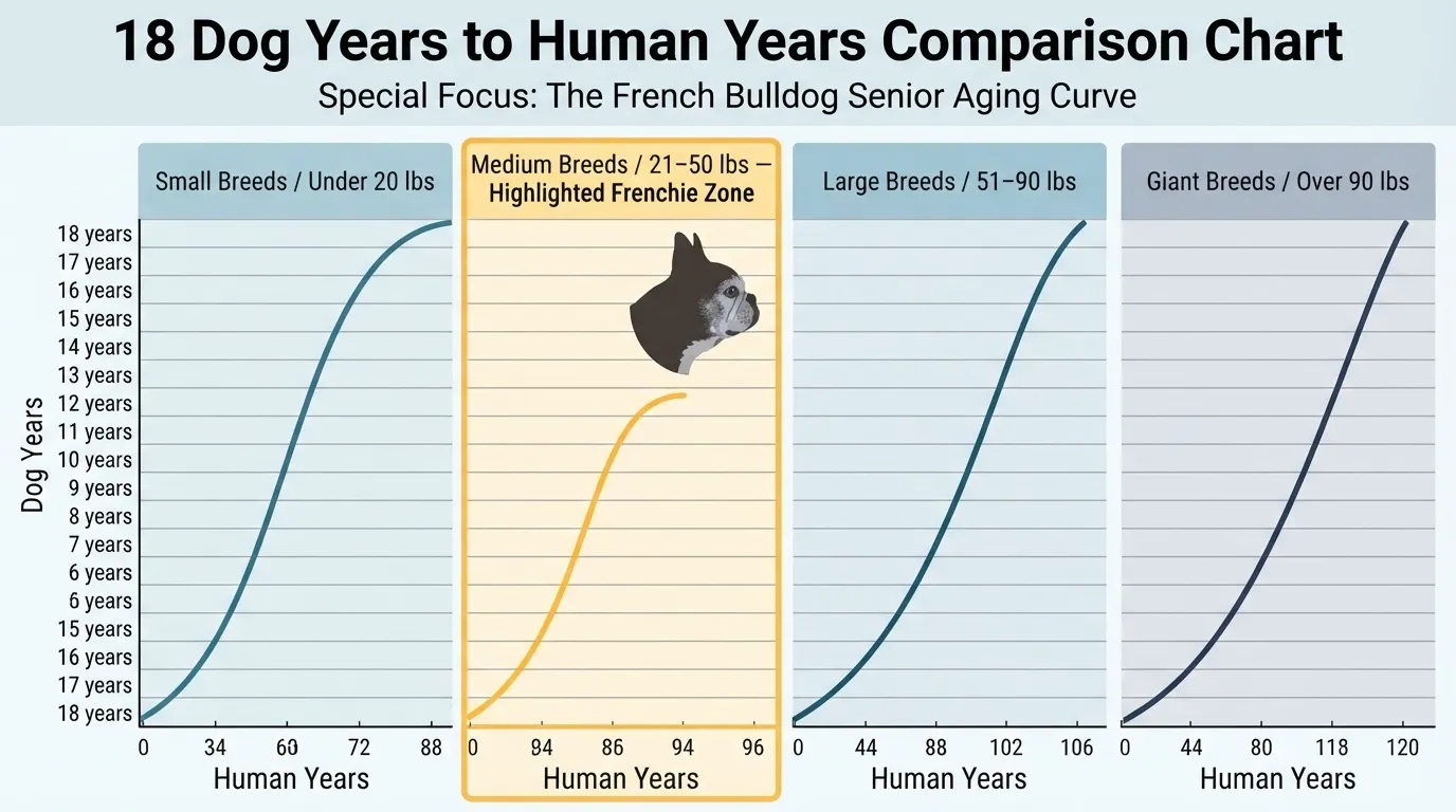 An infographic chart comparing 18 dog years to human years across four weight categories: Small Breeds under 20 lbs, Medium Breeds 21-50 lbs highlighted for French Bulldogs, Large Breeds 51-90 lbs, and Giant Breeds over 90 lbs.