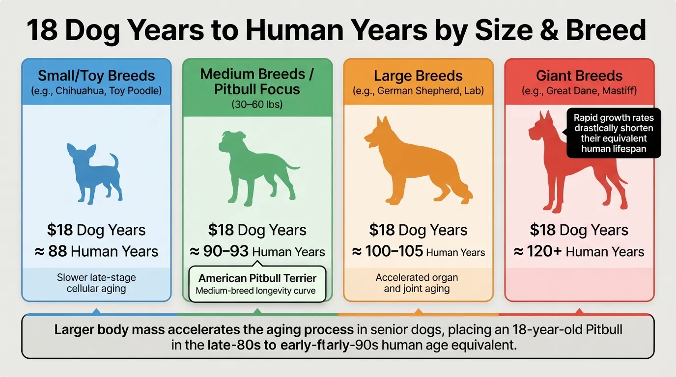 Infographic chart comparing 18 dog years in human years across small, medium, large, and giant breeds, with a specific focus on Pitbull aging relative to other breeds.