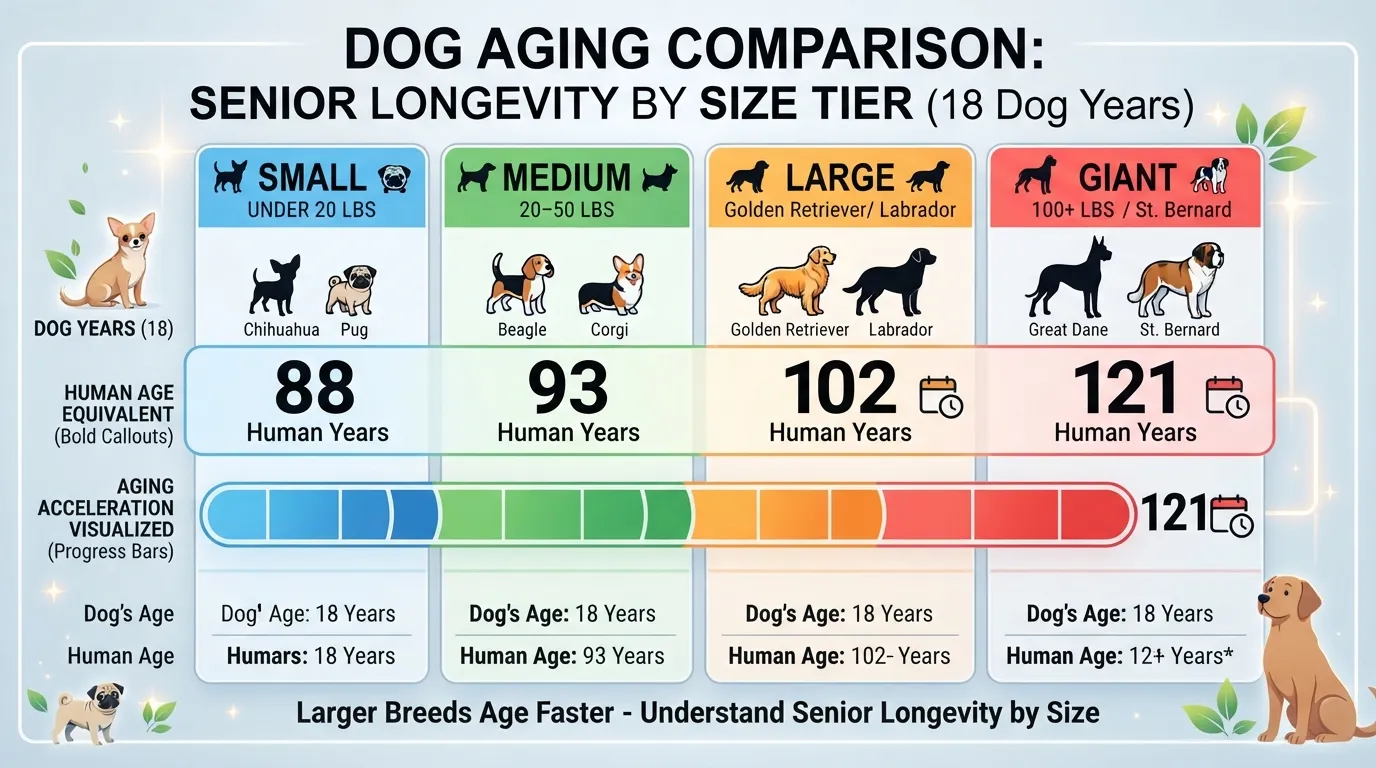 Comparison chart showing how 18 dog years converts to human years across small, medium, large, and giant dog sizes.