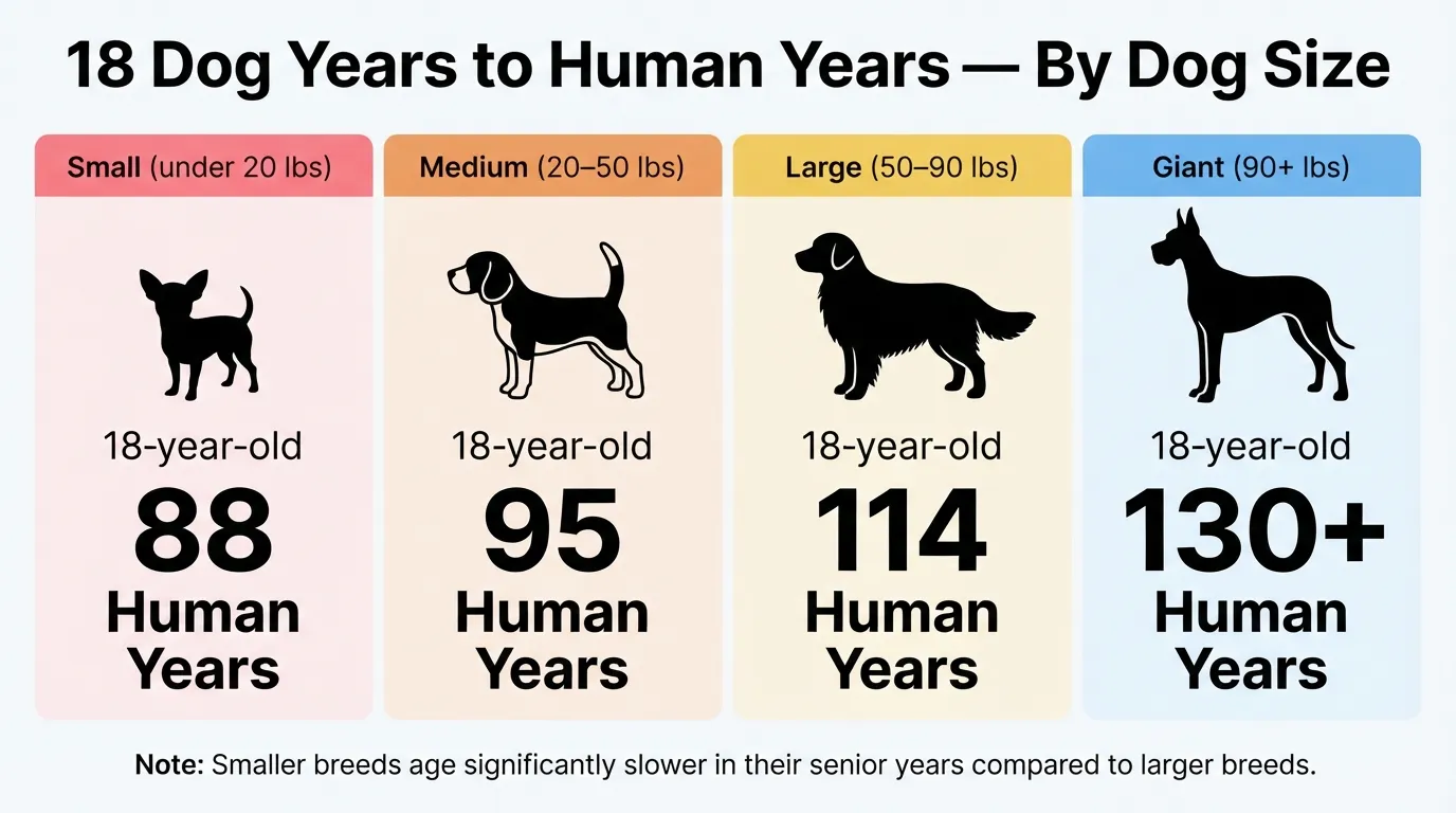 Infographic comparing 18 dog years to human years across small, medium, large, and giant dog breeds.