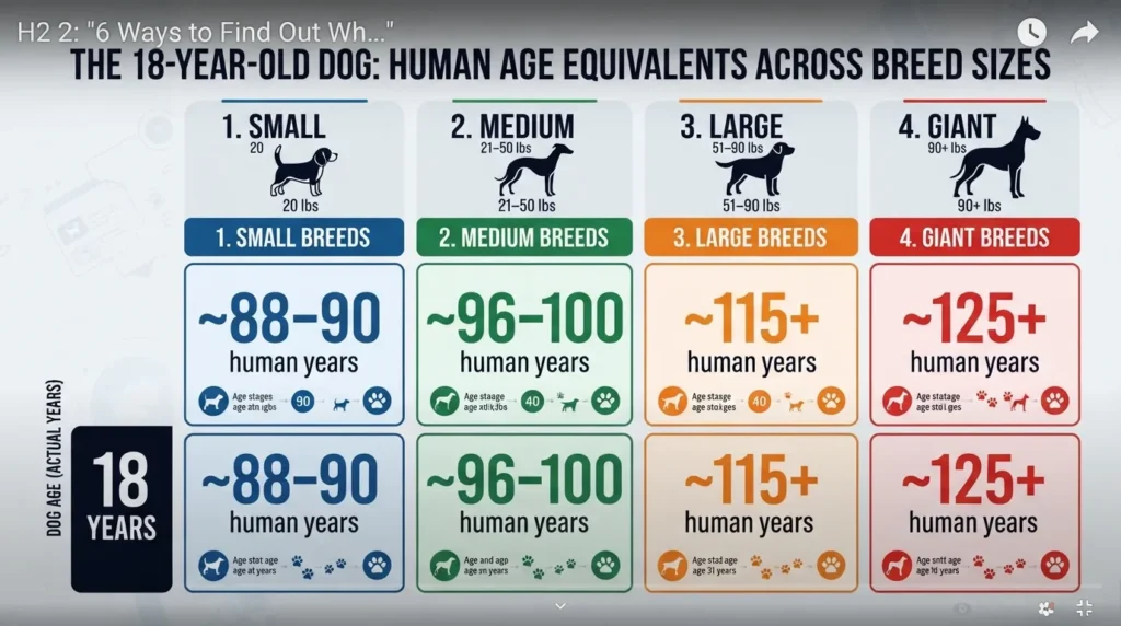 Infographic chart comparing 18 dog years to human years across small, medium, large, and giant dog breeds.