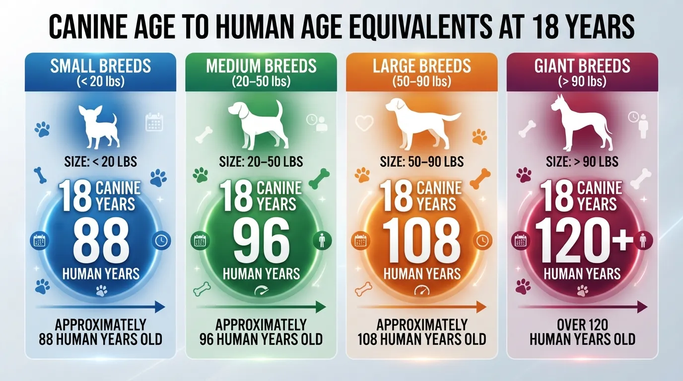 An infographic chart comparing 18 dog years to human years for small, medium, large, and giant dog breeds.