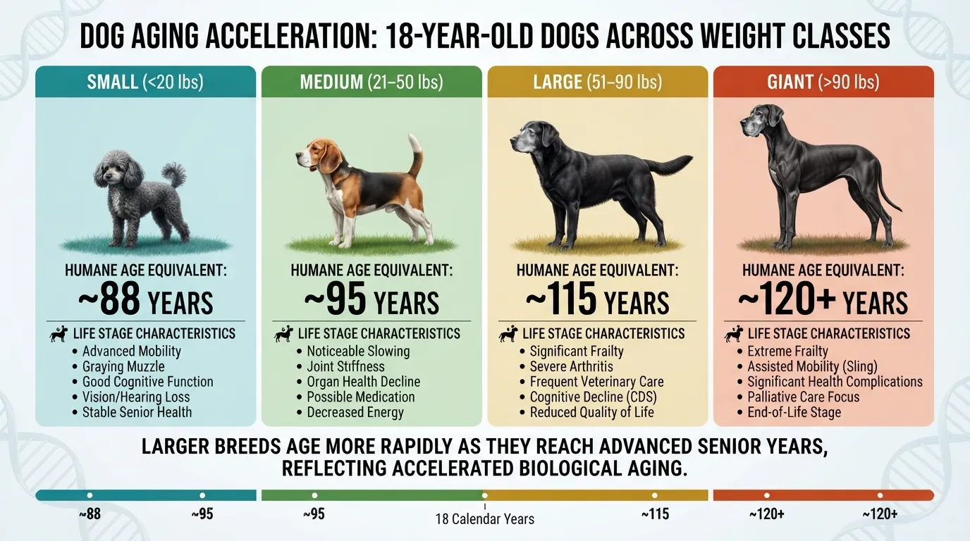Comparison chart showing how 18 dog years convert to human years for small, medium, large, and giant dog breeds.