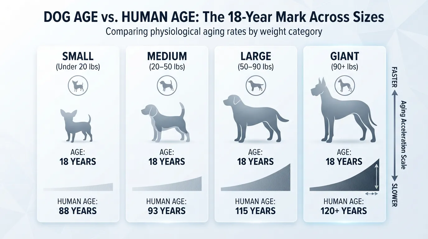 Comparison chart showing how 18 dog years equals 88 human years for small dogs, 93 for medium dogs, 115 for large dogs, and 120+ for giant breeds.
