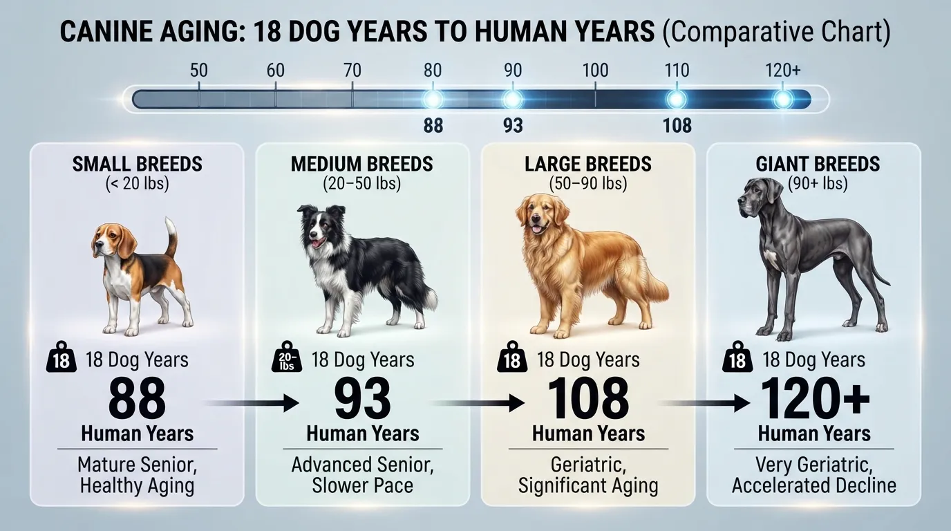 Comprehensive dog age comparison chart showing an 18-year-old dog's equivalent human age split into small, medium, large, and giant breeds.