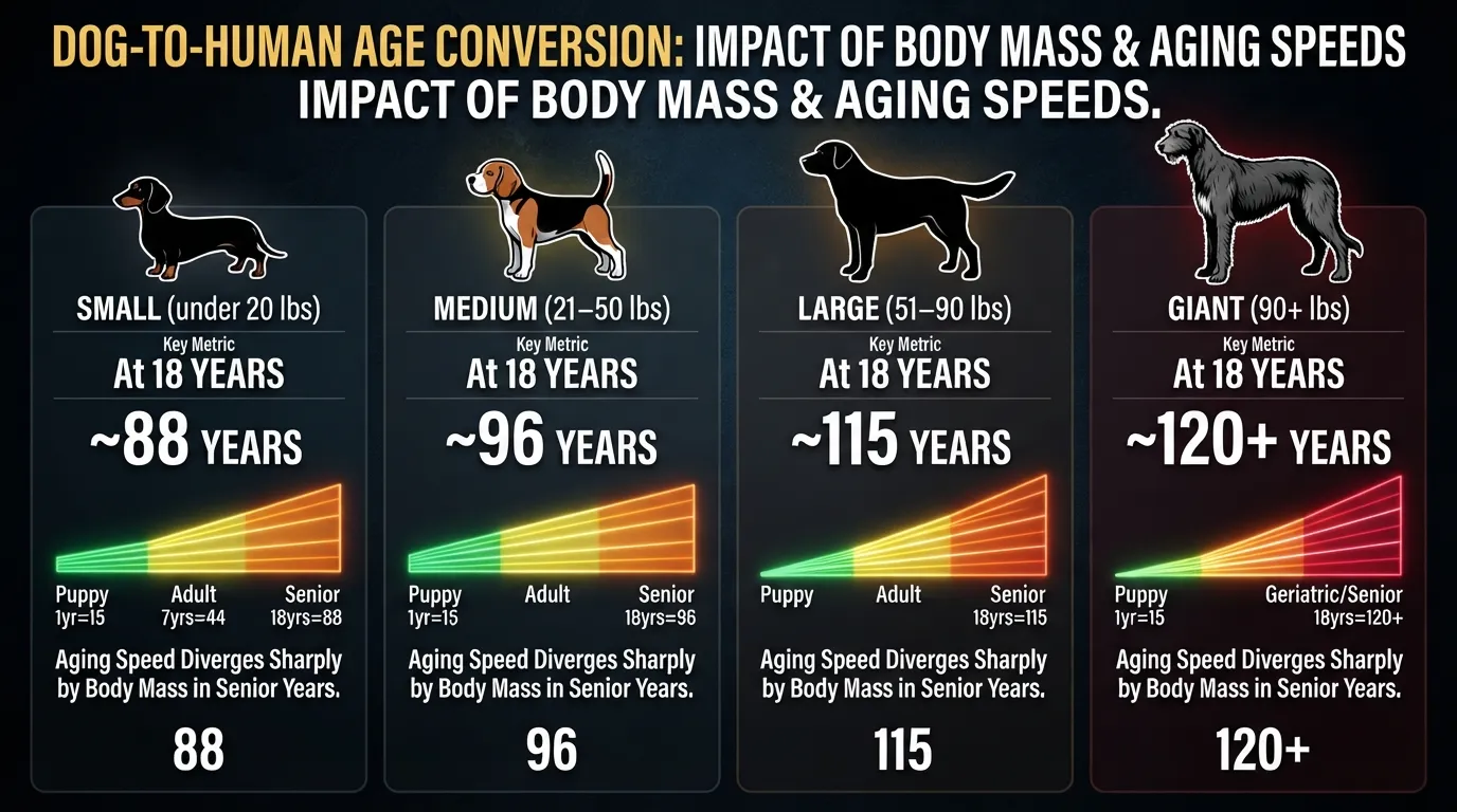 Comparative age chart showing how 18 dog years convert to equivalent human years across small, medium, large, and giant dog breed categories.