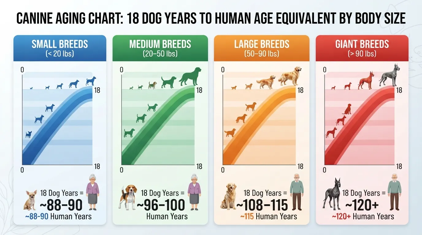 Infographic chart converting 18 dog years to human years across small, medium, large, and giant dog breeds.