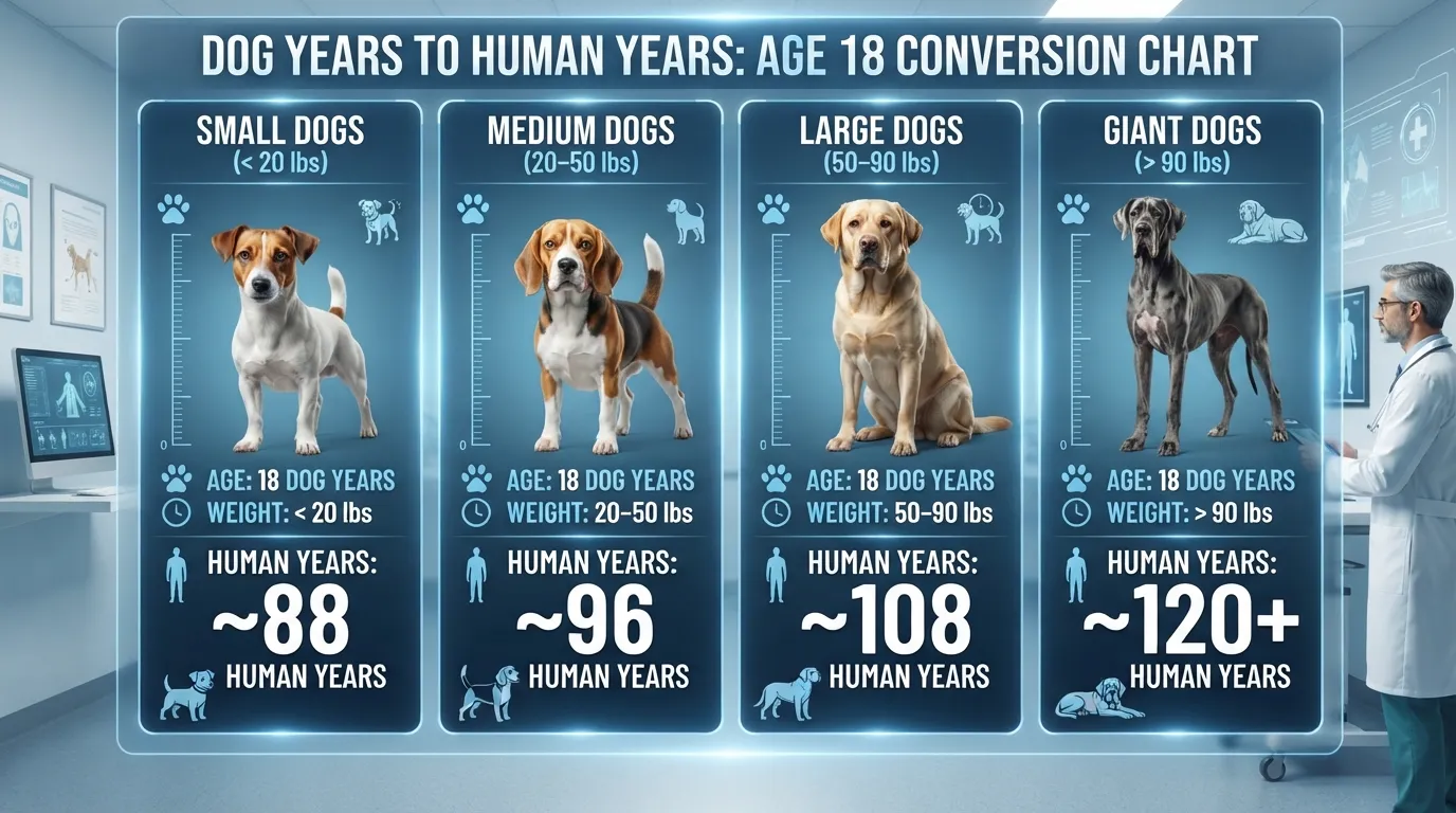 Infographic chart converting 18 dog years to human years across small, medium, large, and giant dog breed sizes.