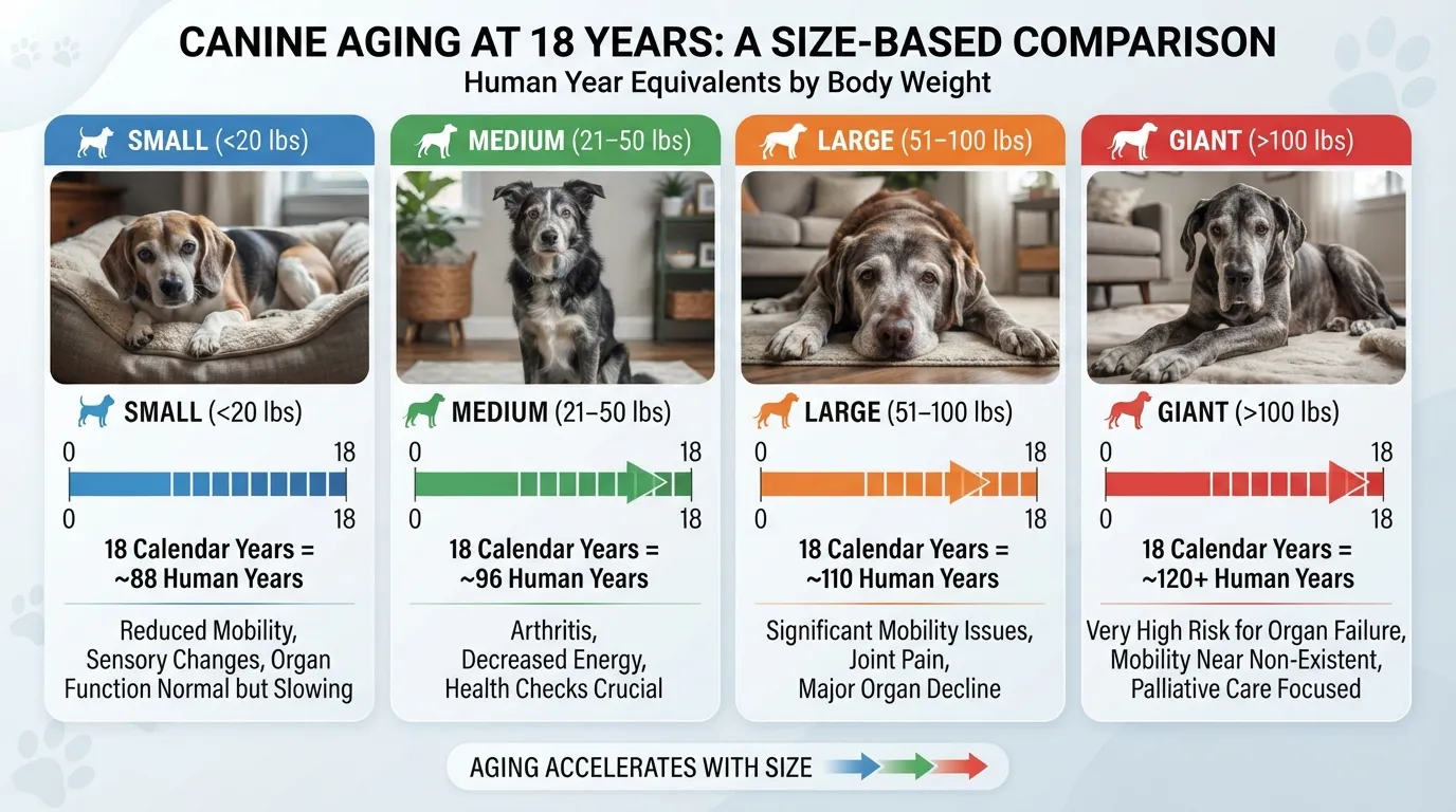 Chart comparing 18 dog years to human years across small, medium, large, and giant dog breeds