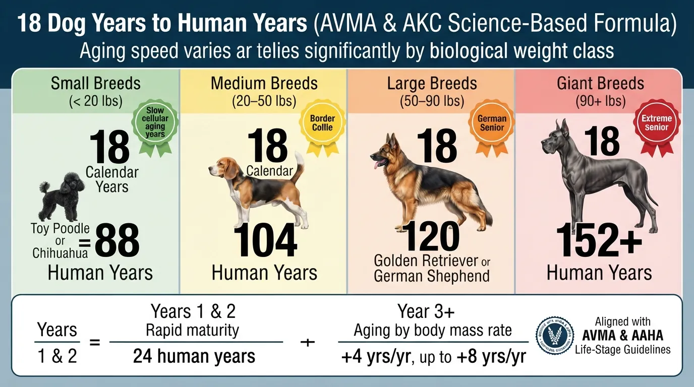 Science-based breakdown comparing 18 dog years to human years across small, medium, large, and giant breeds based on AVMA and AKC guidelines.