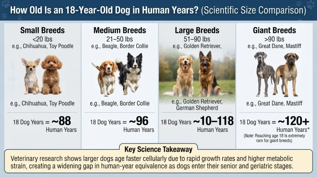 Comprehensive conversion chart showing an 18-year-old dog's equivalent age in human years across small, medium, large, and giant breeds based on veterinary research.