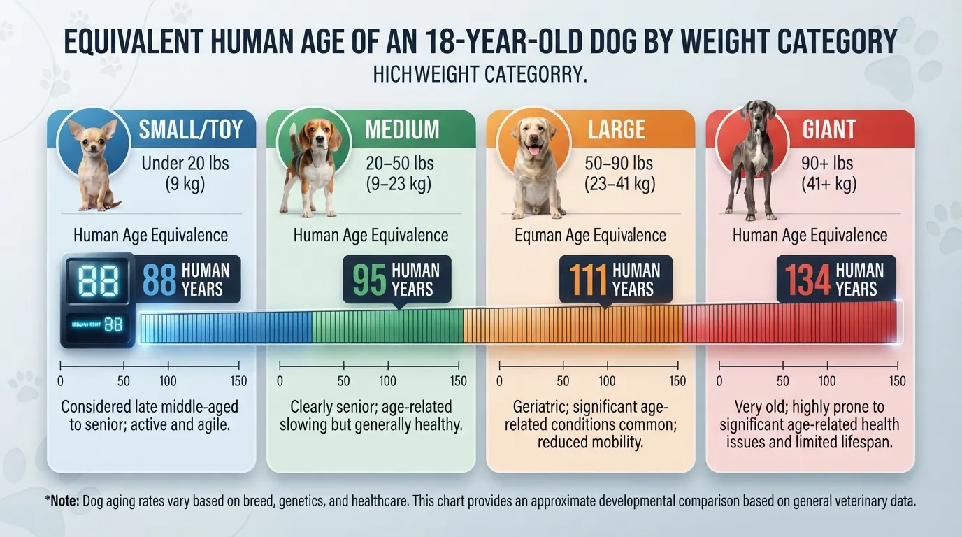 A comparison infographic showing how an 18-year-old dog's age translates to human years across small, medium, large, and giant breed sizes.