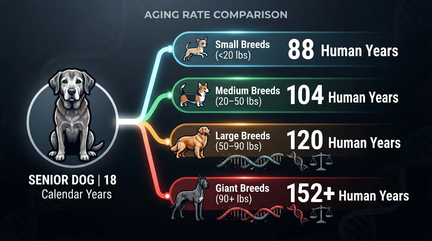 Comparison chart showing how 18 dog years convert to human years for small, medium, large, and giant dog breeds based on veterinary aging data.