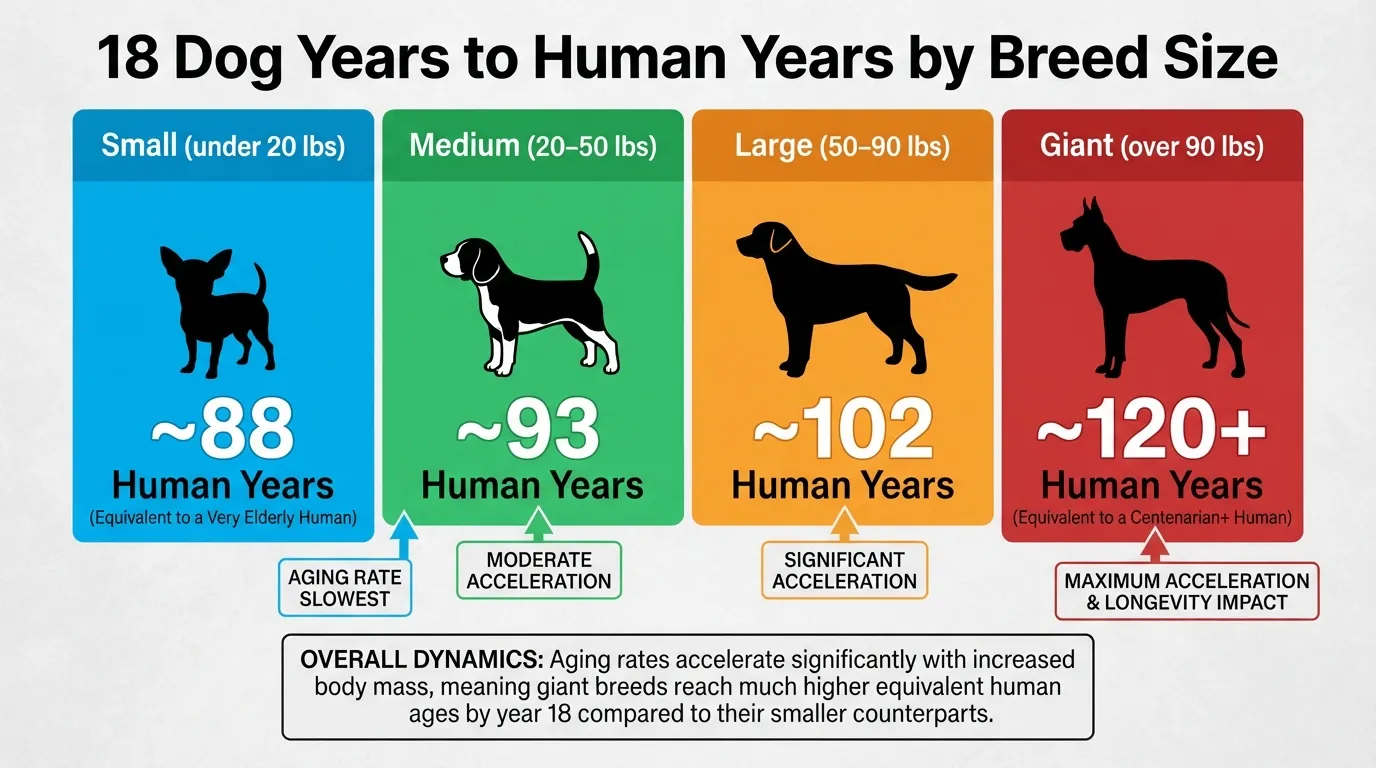 Comparison chart showing 18 dog years converted to human years across small, medium, large, and giant breed sizes.