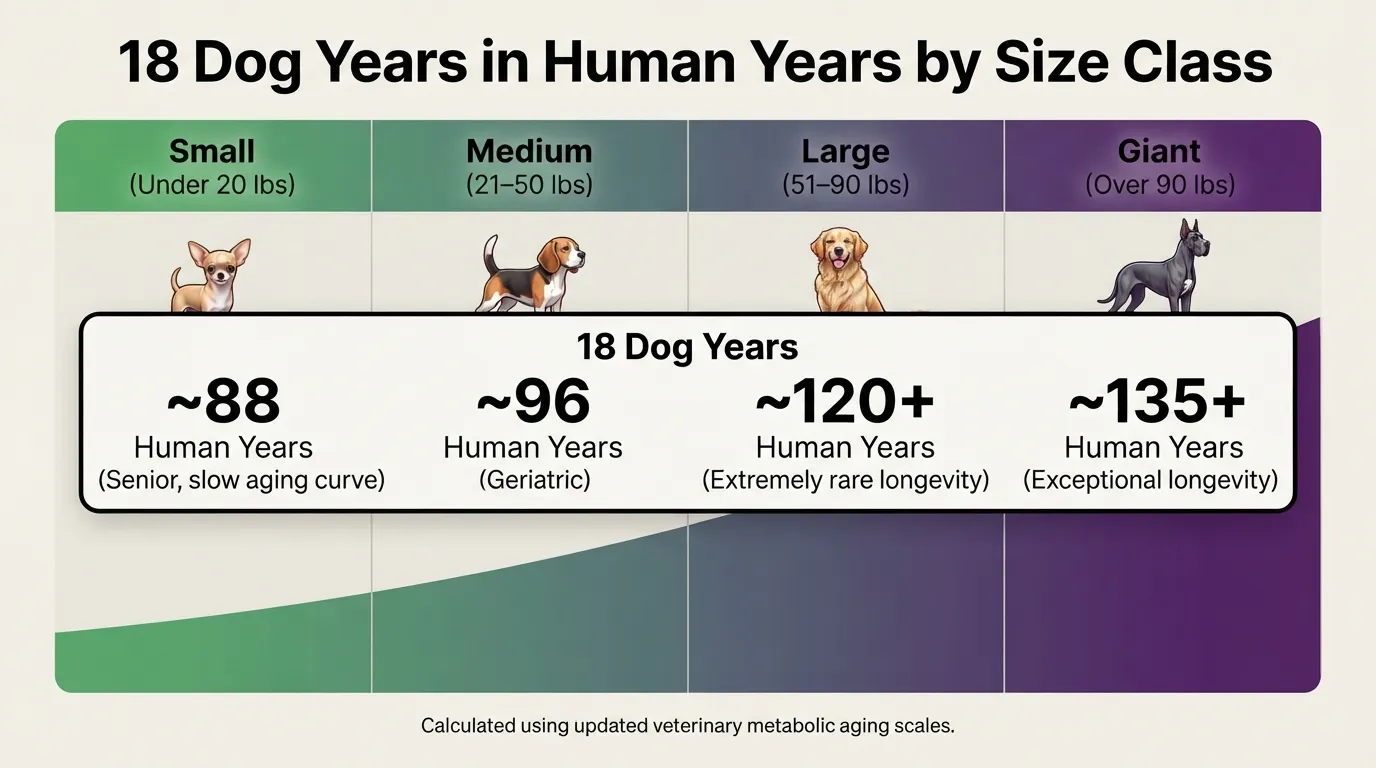 Infographic comparing 18 dog years to human years across small, medium, large, and giant dog breeds.