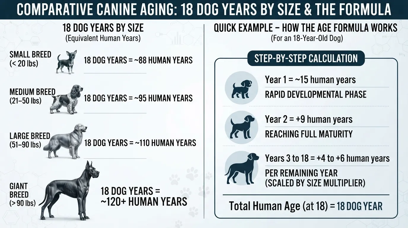 Infographic chart converting an 18-year-old dog's age to human years across small, medium, large, and giant dog breeds, with a step-by-step calculation example.