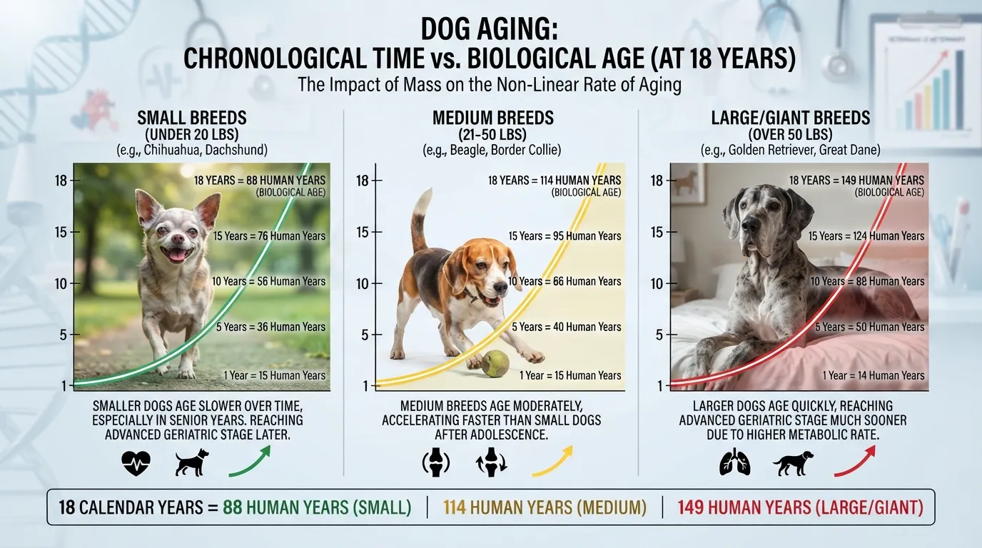 Infographic chart comparing 18 dog years to human years across small, medium, and large dog size categories, showing how aging rates differ by breed size.